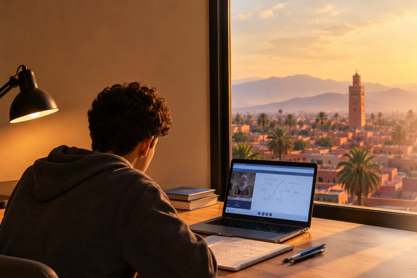 Un élève de 2ᵉ année Bac suit un cours en direct depuis sa chambre, un soir, face à Marrakech.